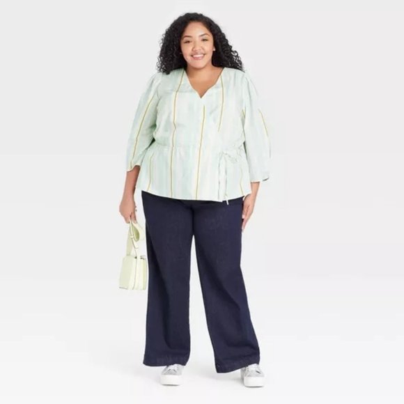 Striped 3/4 Sleeve Wrap Top Mint Green - Picture 1 of 3